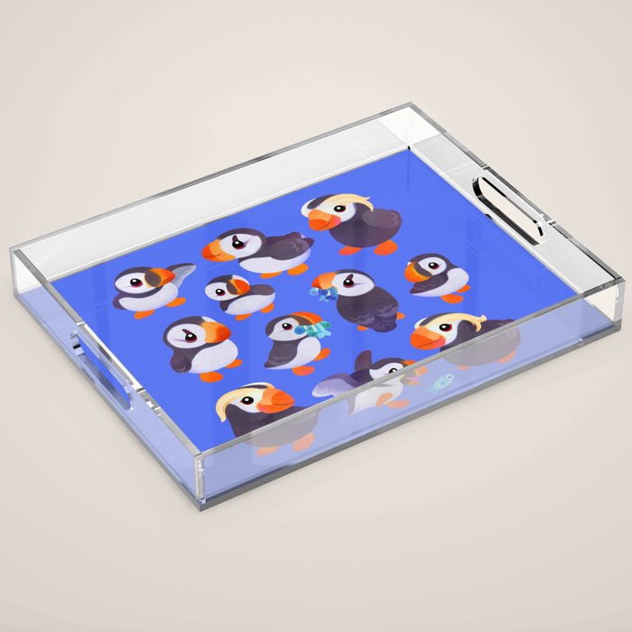 Happy puffin - blue Acrylic Tray Gallery Image 1