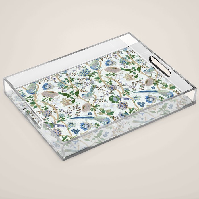 Chinoiserie birds peacock flowers leaves, romantic, vintage, retro, cozy heirloom Acrylic Tray Gallery Image 1