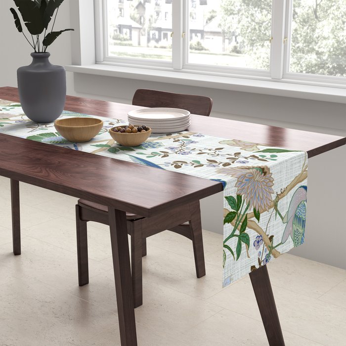Chinoiserie birds peacock flowers leaves, romantic, vintage, retro, cozy heirloom Table Runner Gallery Image 2