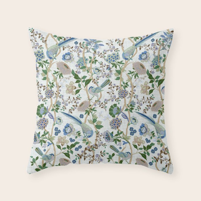Chinoiserie birds peacock flowers leaves, romantic, vintage, retro, cozy heirloom Throw Pillow