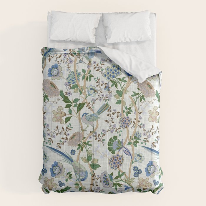 Chinoiserie birds peacock flowers leaves, romantic, vintage, retro, cozy heirloom Comforter Gallery Image 1