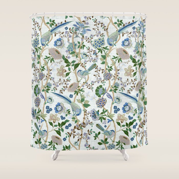 Chinoiserie birds peacock flowers leaves, romantic, vintage, retro, cozy heirloom Shower Curtain Gallery Image 1