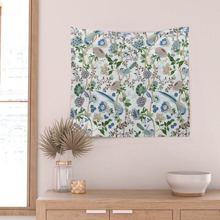 Chinoiserie birds peacock flowers leaves, romantic, vintage, retro, cozy heirloom Wall Tapestry Gallery Image 2
