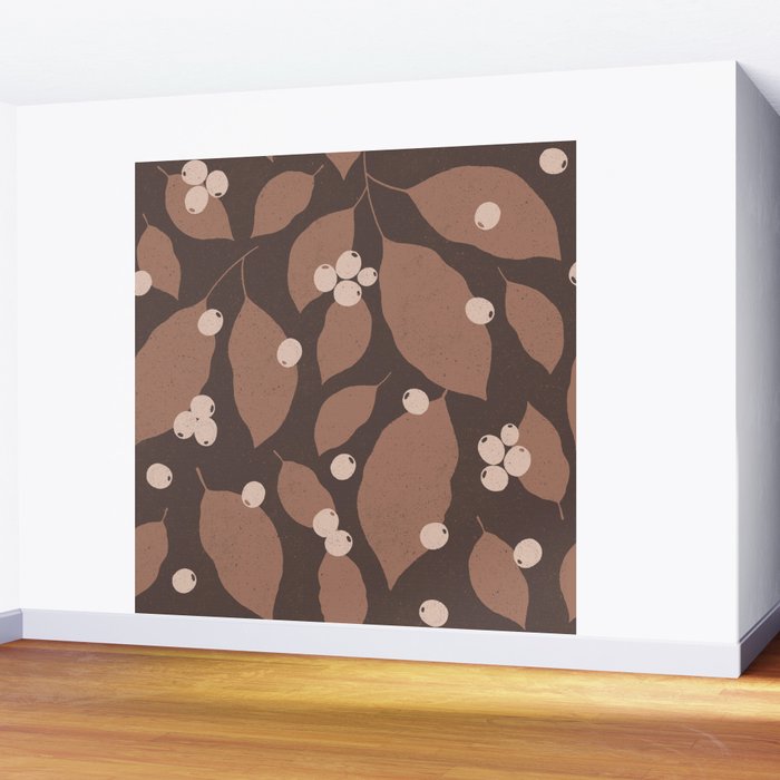 Coffee Leaves and Berries - Mocha Mousse Dark Wall Mural Gallery Image 2