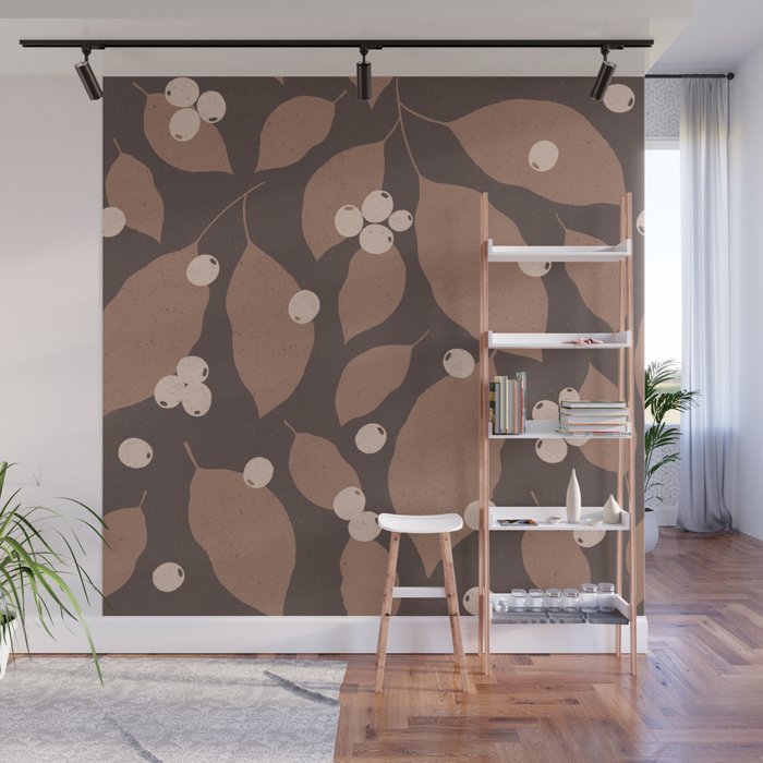 Coffee Leaves and Berries - Mocha Mousse Dark Wall Mural Gallery Image 1