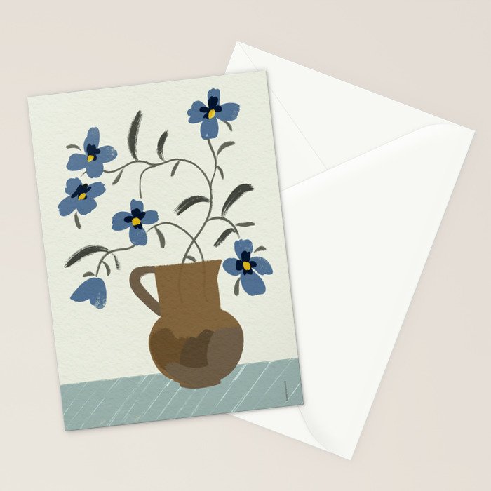  naive illustration of blue flowers in a jug Stationery Card Gallery Image 2