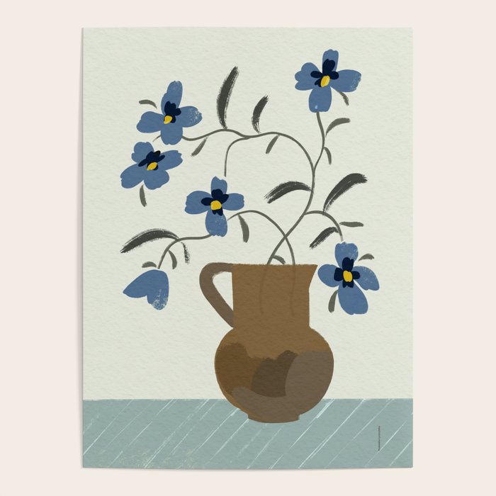  naive illustration of blue flowers in a jug Poster Gallery Image 1