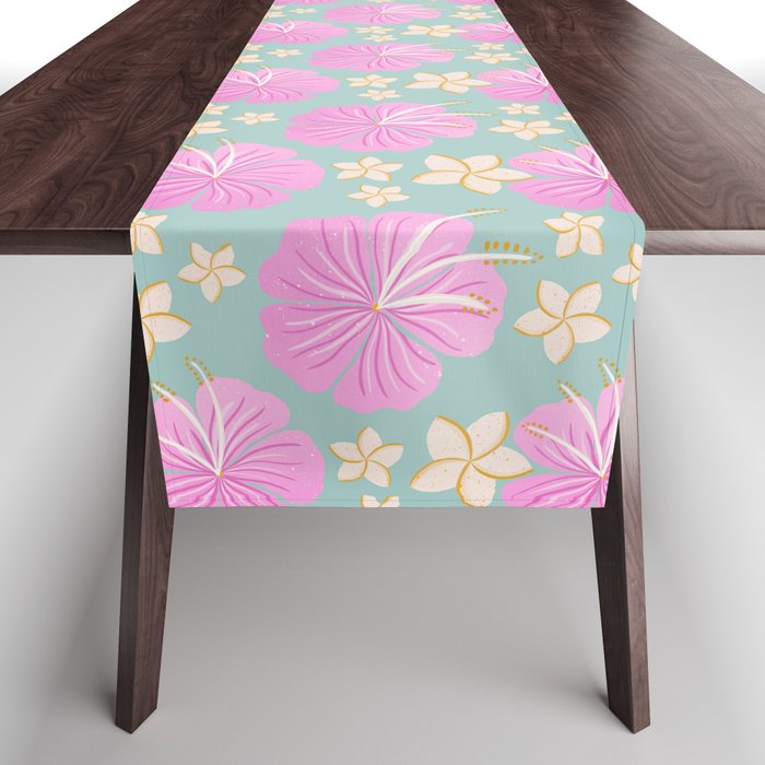 Pink and turquoise hibiscus flowers pattern Table Runner Gallery Image 1