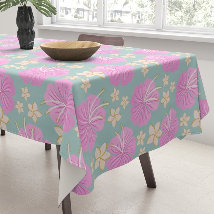 Pink and turquoise hibiscus flowers pattern Tablecloth Gallery Image 3