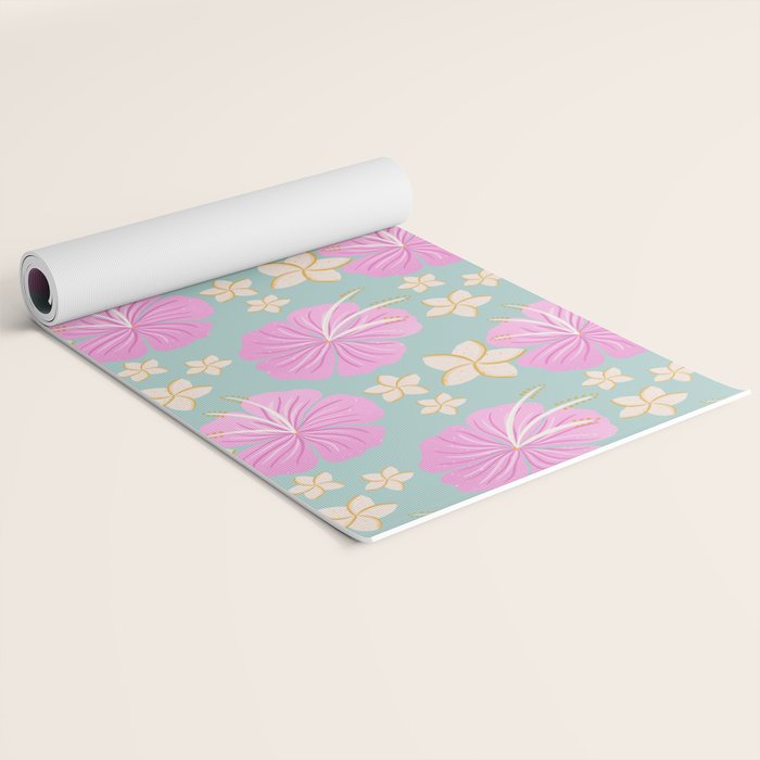 Pink and turquoise hibiscus flowers pattern Yoga Mat Gallery Image 2