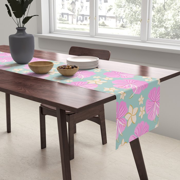 Pink and turquoise hibiscus flowers pattern Table Runner Gallery Image 2