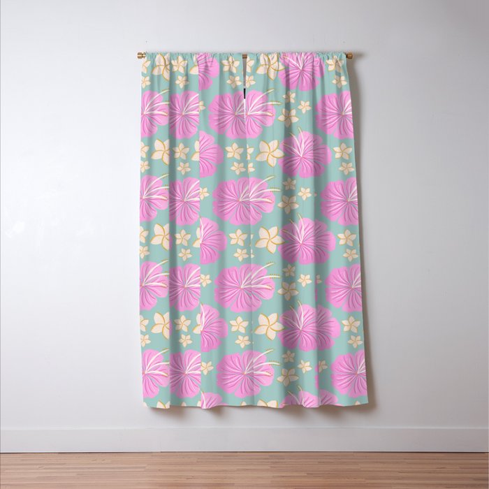 Pink and turquoise hibiscus flowers pattern Window Curtain Gallery Image 3