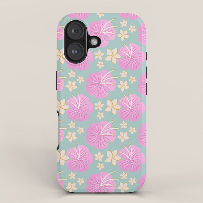 Pink and turquoise hibiscus flowers pattern iPhone Case