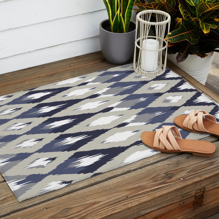 Festive, Boho Art, Geometric, Ikat Pattern, Blue and Gray Outdoor Rug Gallery Image 2
