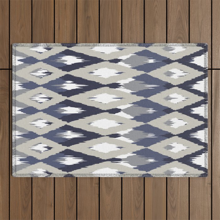 Festive, Boho Art, Geometric, Ikat Pattern, Blue and Gray Outdoor Rug Gallery Image 1