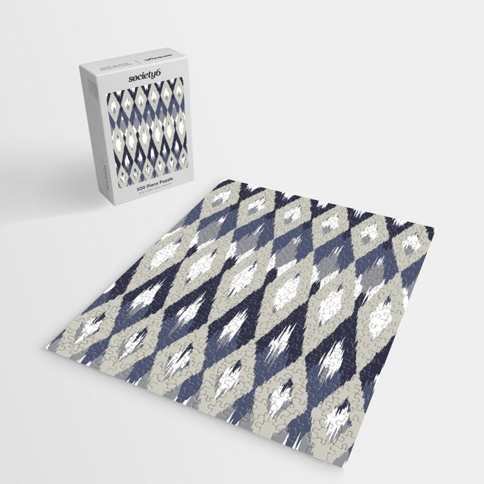 Festive, Boho Art, Geometric, Ikat Pattern, Blue and Gray Jigsaw Puzzle Gallery Image 2