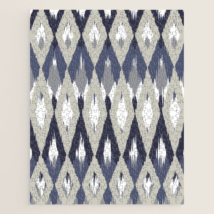 Festive, Boho Art, Geometric, Ikat Pattern, Blue and Gray Jigsaw Puzzle Gallery Image 1