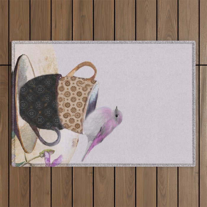 Bird in tea cup Outdoor Rug Gallery Image 1