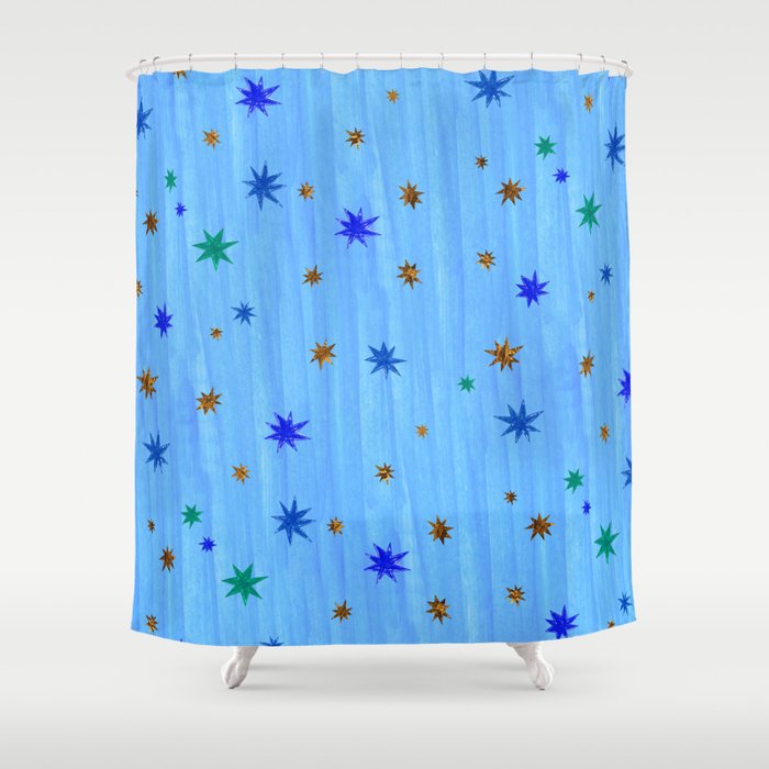 Celestial Star Twinkle in Blue Watercolor Shower Curtain Gallery Image 1
