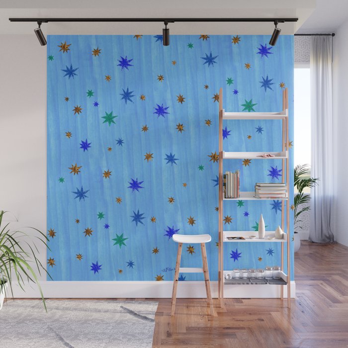 Celestial Star Twinkle in Blue Watercolor Wall Mural Gallery Image 1