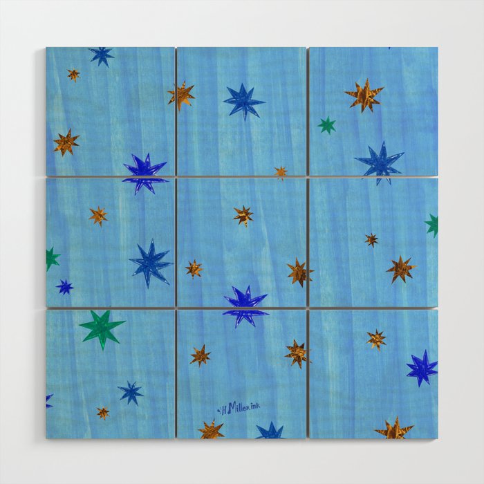 Celestial Star Twinkle in Blue Watercolor Wood Wall Art Gallery Image 1