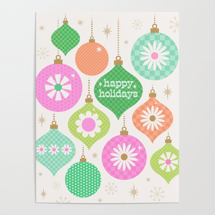 Happy Holidays Retro Ornaments - Pink & Green Poster Gallery Image 1
