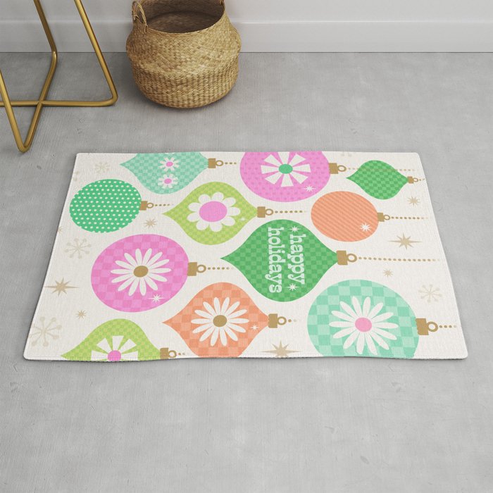 Happy Holidays Retro Ornaments - Pink & Green Rug Gallery Image 1