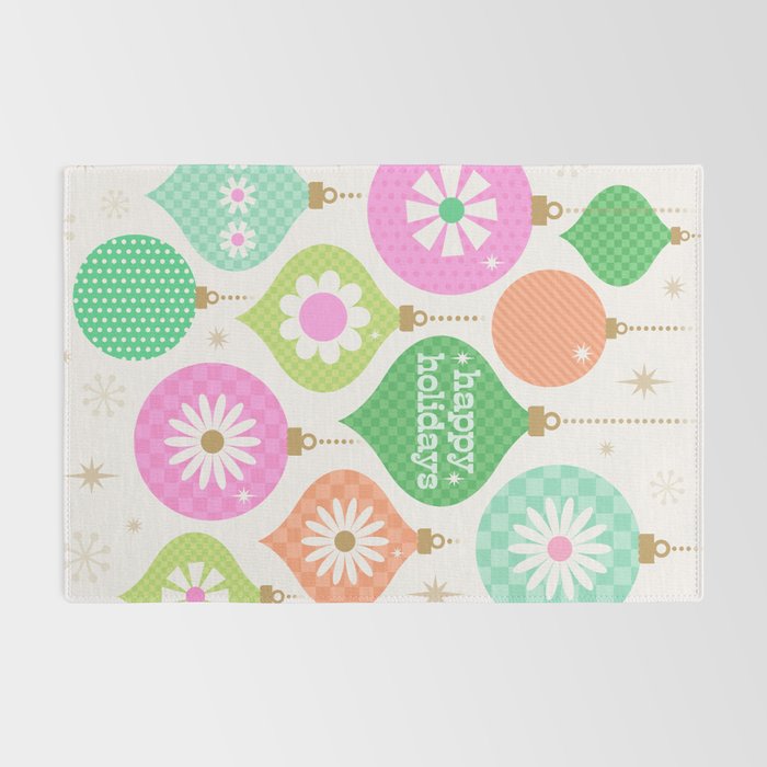 Happy Holidays Retro Ornaments - Pink & Green Rug Gallery Image 2