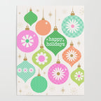 Happy Holidays Retro Ornaments - Pink & Green Poster Gallery Image 4