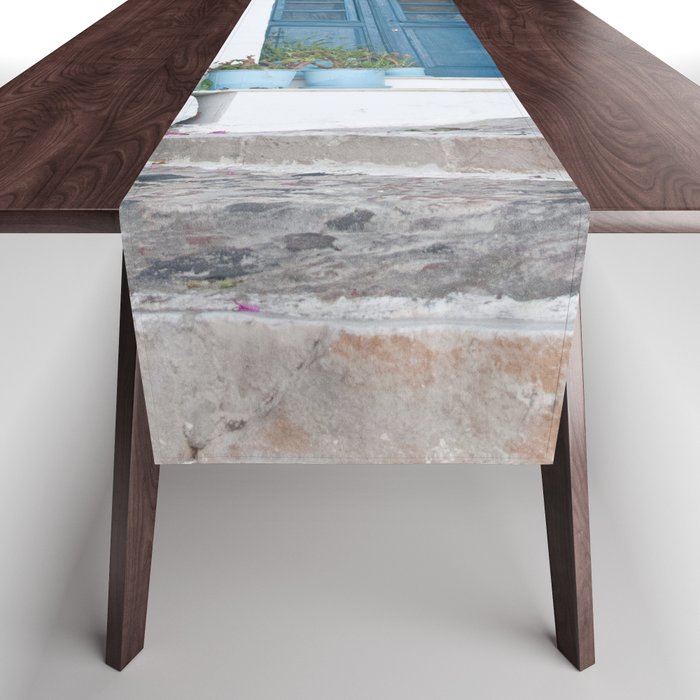 Santorini Oia Blue Door Dream #1 #minimal #wall #decor #art #society6 Table Runner Gallery Image 1