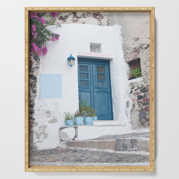 Santorini Oia Blue Door Dream #1 #minimal #wall #decor #art #society6 Serving Tray Gallery Image 1