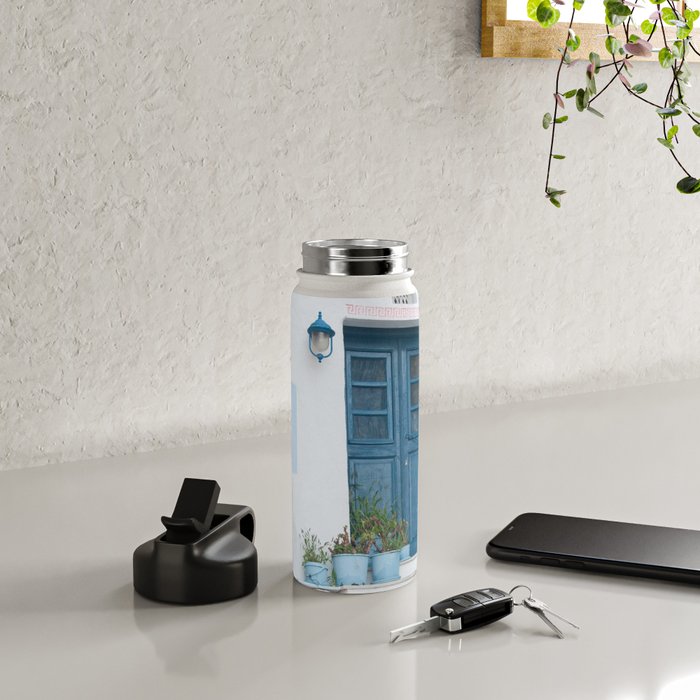 Santorini Oia Blue Door Dream #1 #minimal #wall #decor #art #society6 Water Bottle Gallery Image 4