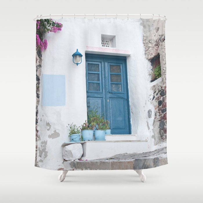 Santorini Oia Blue Door Dream #1 #minimal #wall #decor #art #society6 Shower Curtain Gallery Image 1