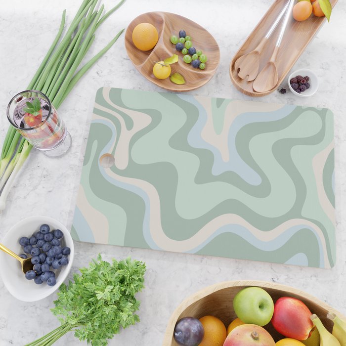 Retro Liquid Swirl Abstract Pattern Celadon Mint Green Baby Blue Beige  Cutting Board Gallery Image 2