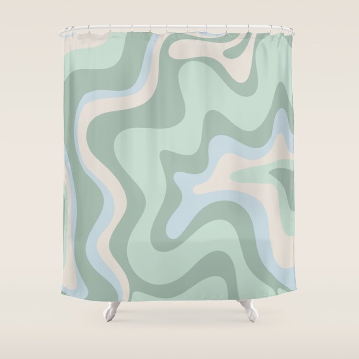 Retro Liquid Swirl Abstract Pattern Celadon Mint Green Baby Blue Beige  Shower Curtain Gallery Image 1