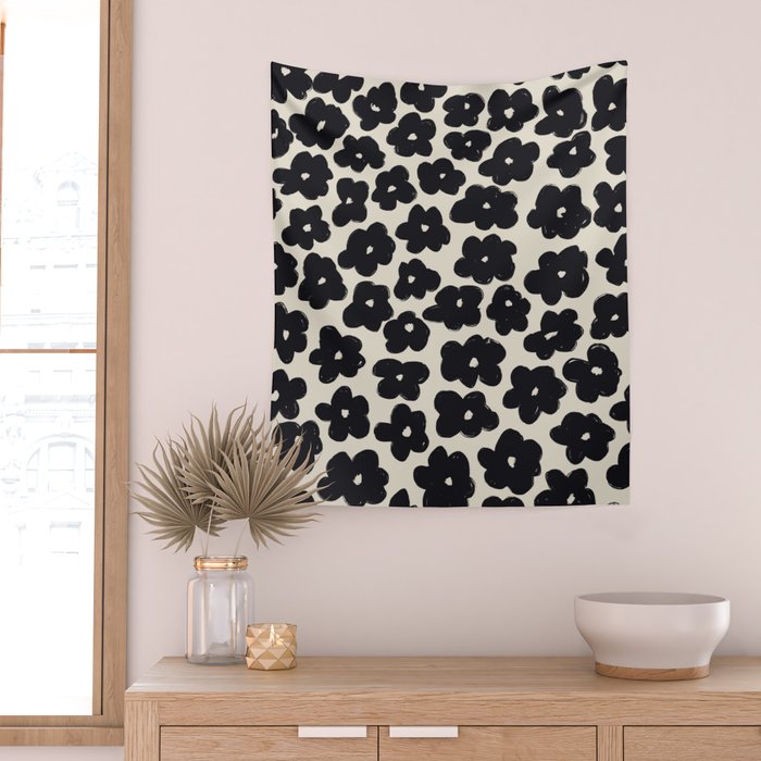 Daisies Pattern NO.1 | Black White Wall Tapestry Gallery Image 2