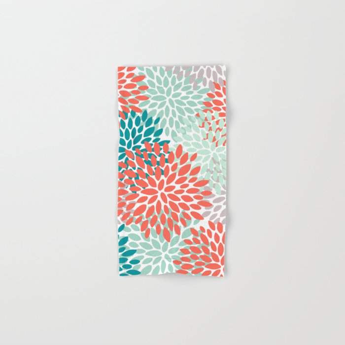 Floral Pattern, Orange, Teal, Mint Green, Flower Print Hand & Bath Towel Gallery Image 1
