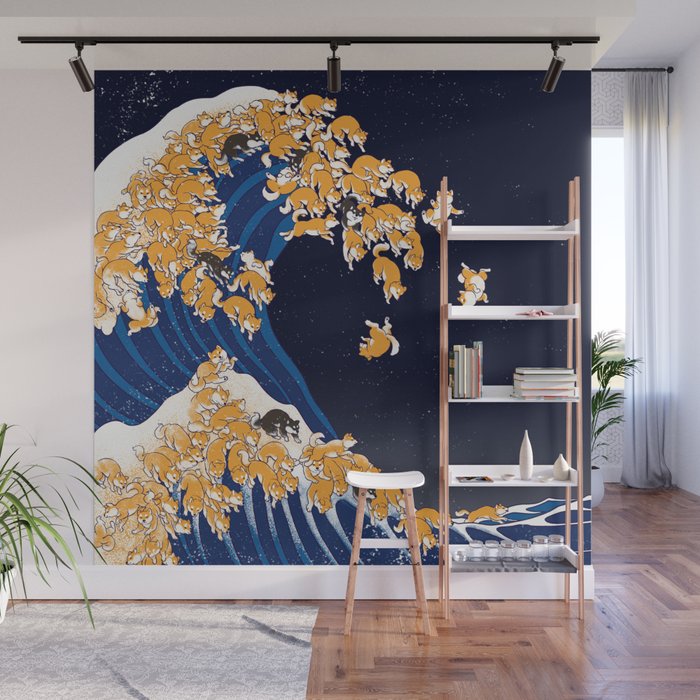 Shiba Inu The Great Wave in Night Wall Mural Gallery Image 1