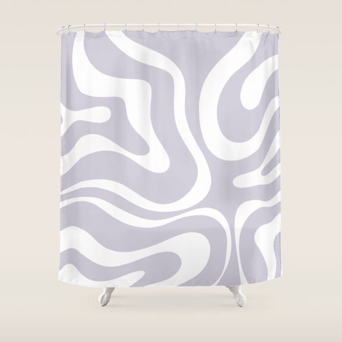 Retro Modern Liquid Swirl Abstract Pattern in Pale Lilac Purple and White Shower Curtain Gallery Image 1