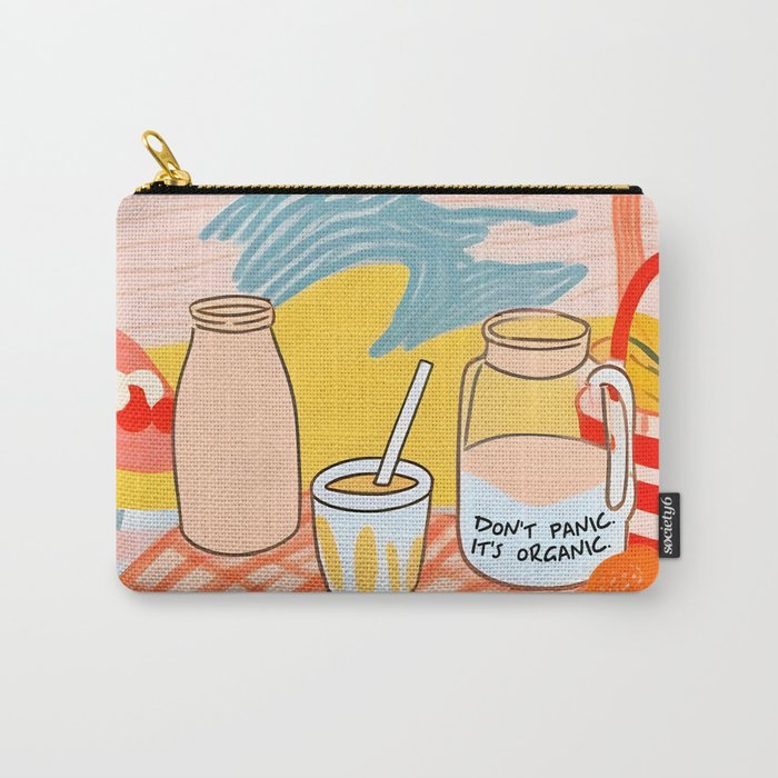 Don't Panic, It's Organic | Picnic Breakfast Travel Milk Food, Illustration Line art Drawing Minimal, Eclectic Modern Boho Painting Carry All Pouch Gallery Image 1