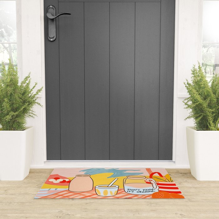 Don't Panic, It's Organic | Picnic Breakfast Travel Milk Food, Illustration Line art Drawing Minimal, Eclectic Modern Boho Painting Welcome Mat Gallery Image 3