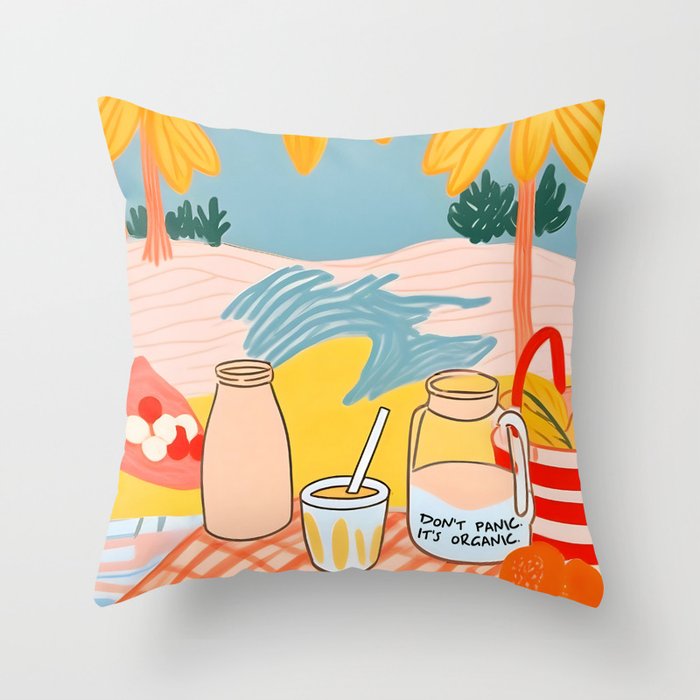 Don't Panic, It's Organic | Picnic Breakfast Travel Milk Food, Illustration Line art Drawing Minimal, Eclectic Modern Boho Painting Throw Pillow Gallery Image 6