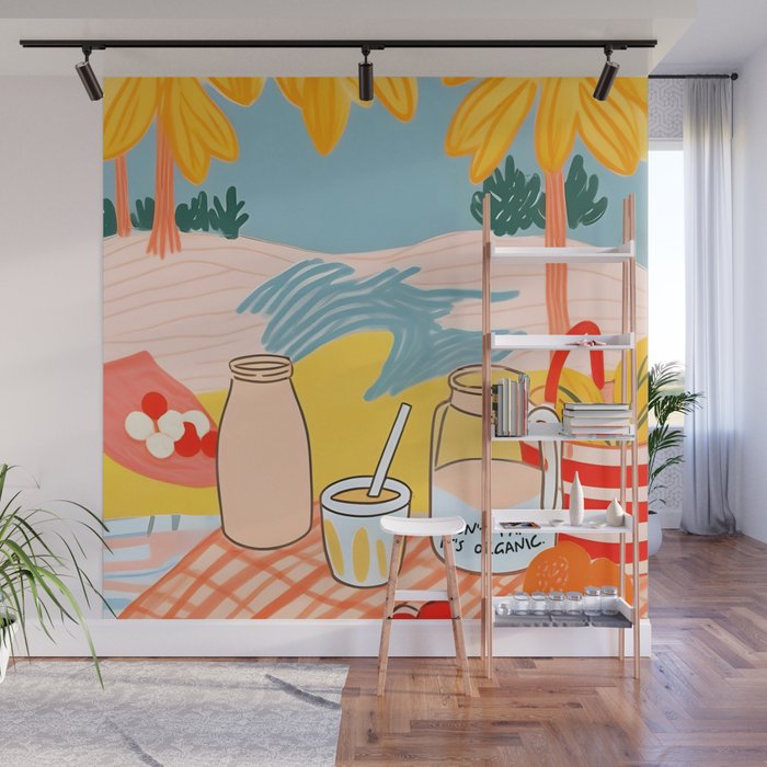Don't Panic, It's Organic | Picnic Breakfast Travel Milk Food, Illustration Line art Drawing Minimal, Eclectic Modern Boho Painting Wall Mural Gallery Image 1