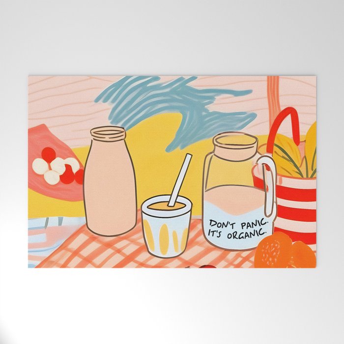 Don't Panic, It's Organic | Picnic Breakfast Travel Milk Food, Illustration Line art Drawing Minimal, Eclectic Modern Boho Painting Welcome Mat Gallery Image 1