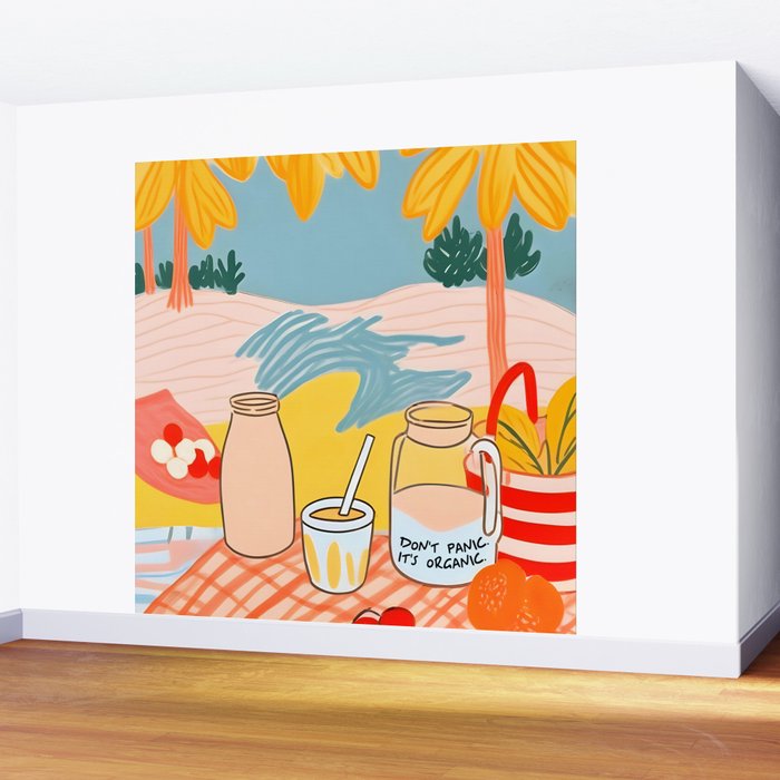 Don't Panic, It's Organic | Picnic Breakfast Travel Milk Food, Illustration Line art Drawing Minimal, Eclectic Modern Boho Painting Wall Mural Gallery Image 2