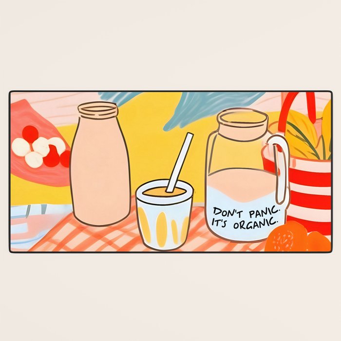 Don't Panic, It's Organic | Picnic Breakfast Travel Milk Food, Illustration Line art Drawing Minimal, Eclectic Modern Boho Painting Desk Mat Gallery Image 3