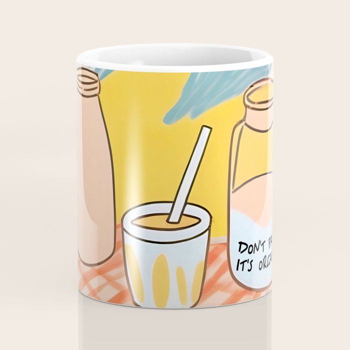 Don't Panic, It's Organic | Picnic Breakfast Travel Milk Food, Illustration Line art Drawing Minimal, Eclectic Modern Boho Painting Coffee Mug Gallery Image 4