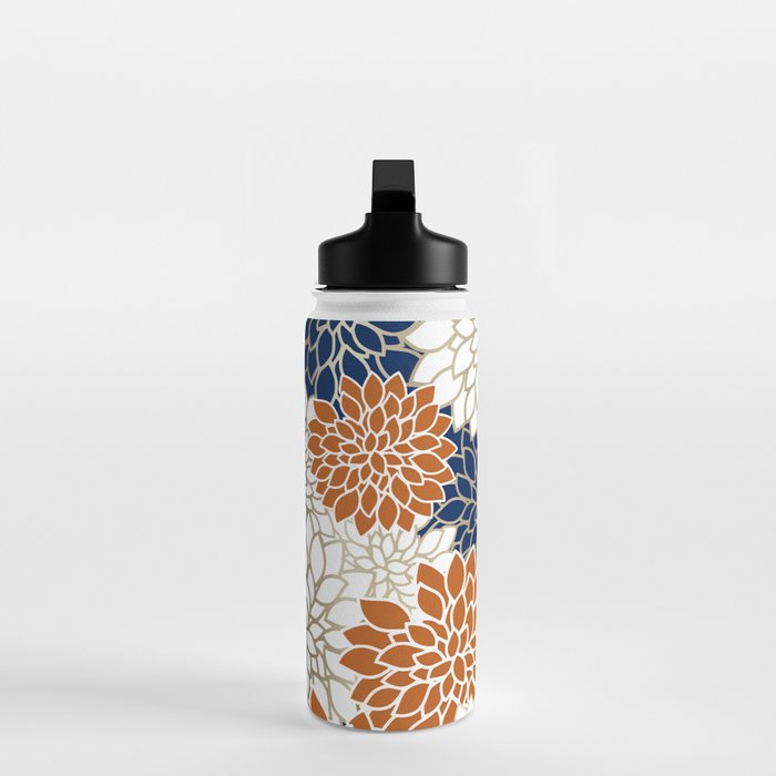 Dahlia Blooms, Terracotta, Navy, Gold, White Water Bottle Gallery Image 3