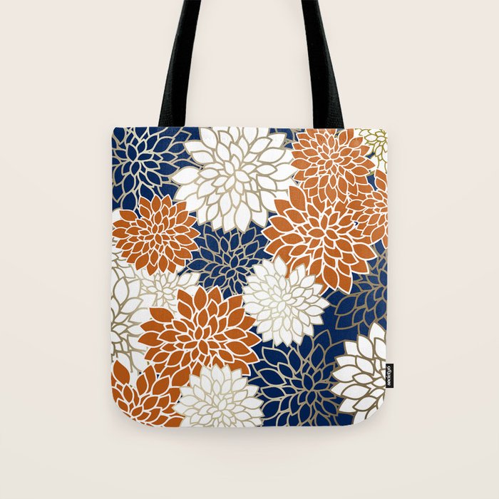 Dahlia Blooms, Terracotta, Navy, Gold, White Tote Bag Gallery Image 1