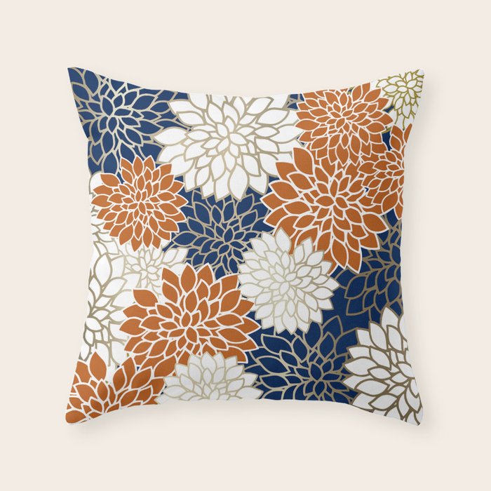 Dahlia Blooms, Terracotta, Navy, Gold, White Throw Pillow Gallery Image 6